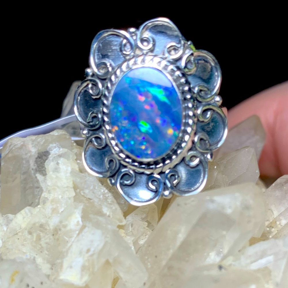 Solid Sterling Australian Opal Flower Ring - image 1